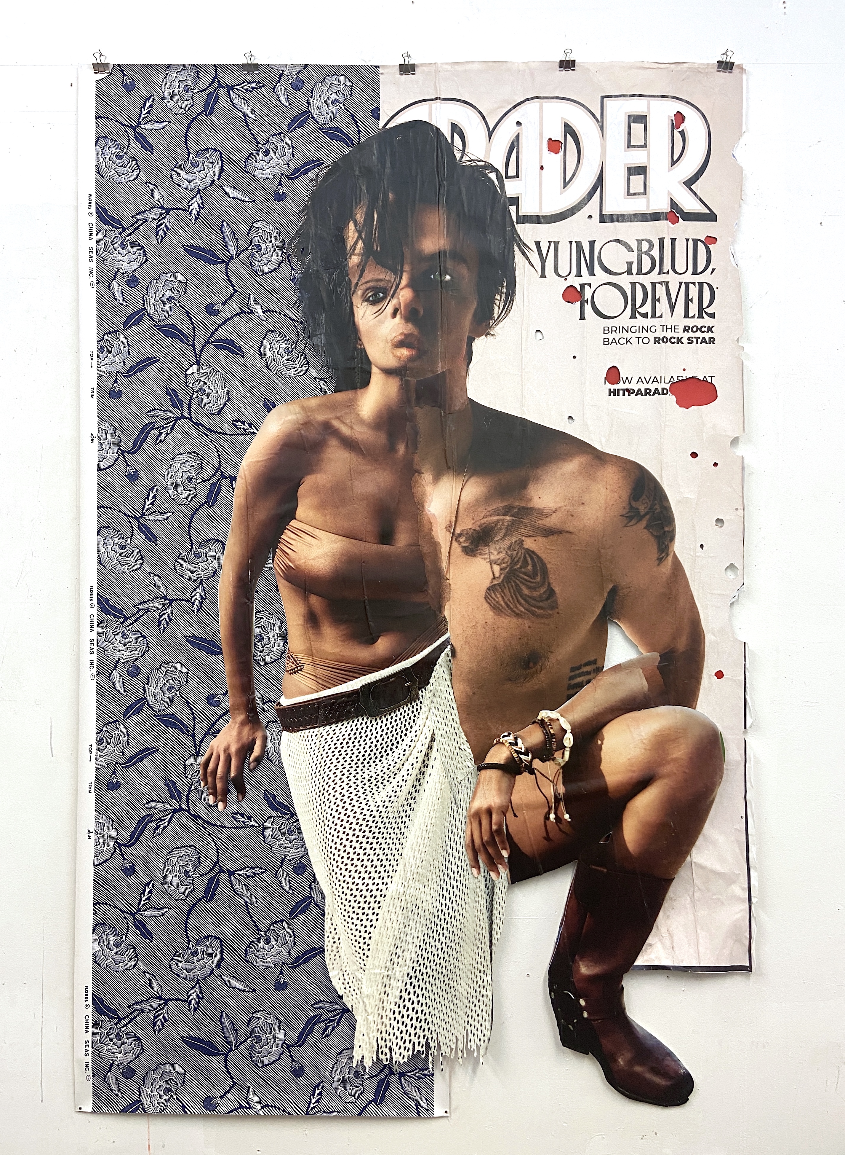 Flores Forever (Center Parted), 2026 Reclaimed street posters, vintage wallpaper, colored pencil, paint swatches,  binder clips, magnets, map pins  84 x 54 x 1 inches